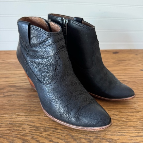 frye regina womens size 7.5 shoes black leather side zip wedge ankle booties - Picture 1 of 12